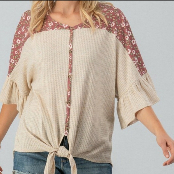 RELISTED Soft floral waffle knit spliced tie top - Picture 5 of 8